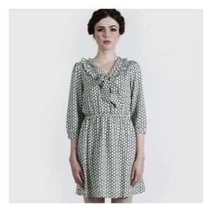 Retro Mod Geometric Print Bow Dress Navy Cream Small